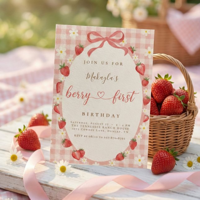 Berry First Erdbeere Rosa Gingham 1. Geburtstag Einladung (Von Creator hochgeladen)