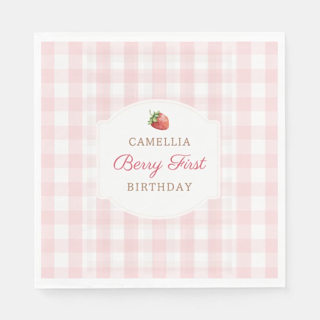 Berry First Erdbeere Rosa Gingham Geburtstagsfeier Serviette (Vorderseite)