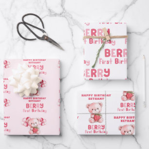 Berry First Happy Birthday Name Strawberry Geschenkpapier Set