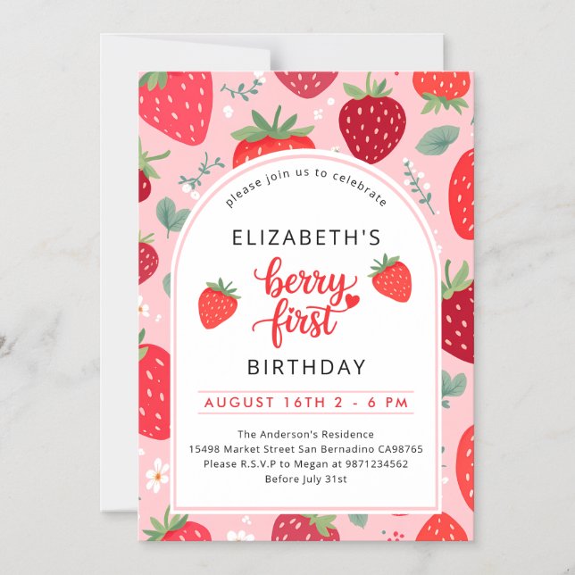 Berry First Niedlich 1. Geburtstag Strawberry Girl Magneteinladung (Vorderseite)