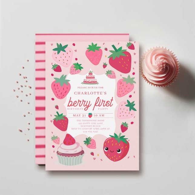Berry First Niedlich Strawberry Frame Red 1. Gebur Einladung (berry first birthday invitation 1st party girl pink red watercolor strawberries cute frame)