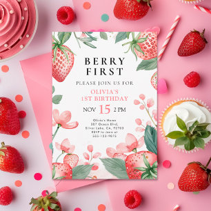 Berry First Pink Floral 1. Geburtstag Einladung