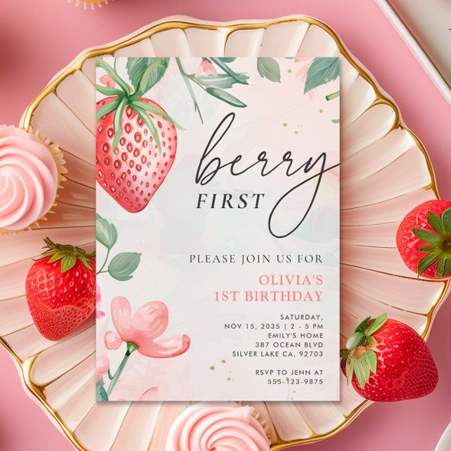 Berry First Pink Floral 1. Geburtstag Einladung (Von Creator hochgeladen)
