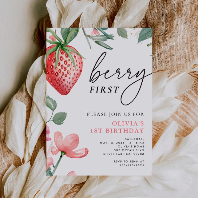 Berry First Pink Floral 1. Geburtstag Einladung (Von Creator hochgeladen)