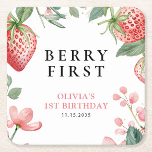 Berry First Pink Floral 1. Geburtstag Rechteckiger Pappuntersetzer