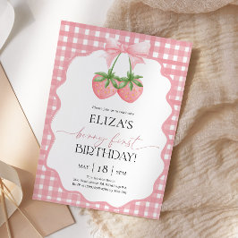 Berry First Pink Gingham Erdbeeren Geburtstag Einladung