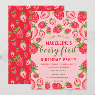 Berry First Pink Strawberry 1. Geburtstag Party Einladung