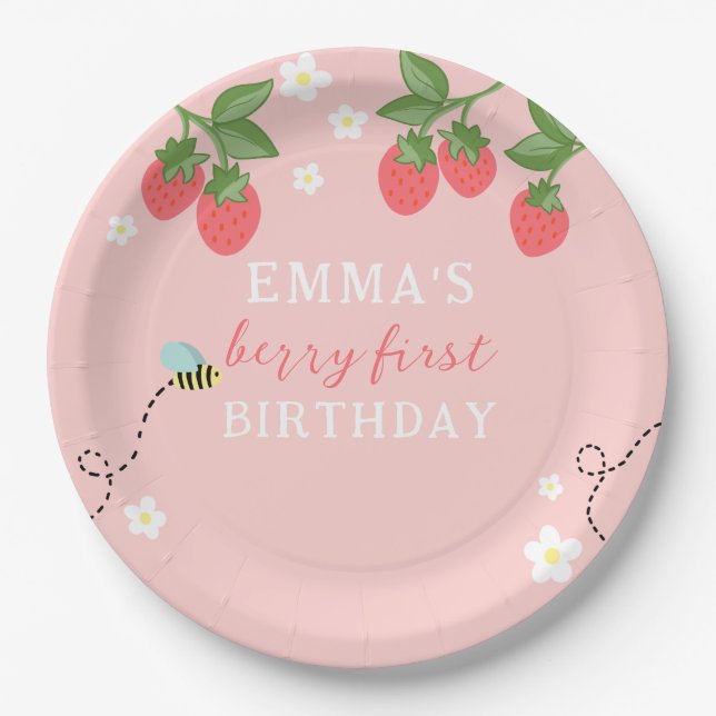 Berry First Pink Strawberry and Flowers Pappteller (Vorderseite)
