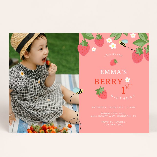 Berry First Pink Strawberry Bees Birthday Party Einladung (Von Creator hochgeladen)