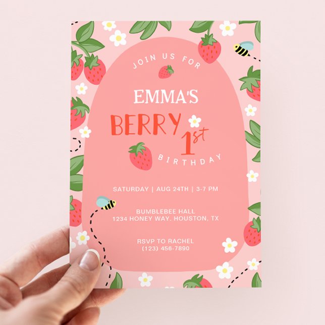 Berry First Pink Strawberry Bees Birthday Party Einladung (Von Creator hochgeladen)