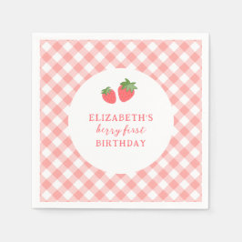 Berry First Pink Strawberry Gingham Birthday Serviette