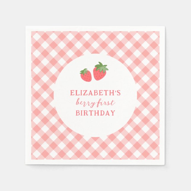 Berry First Pink Strawberry Gingham Birthday Serviette (Vorderseite)