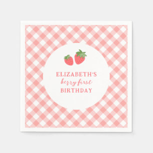 Berry First Pink Strawberry Gingham Geburtstag Serviette
