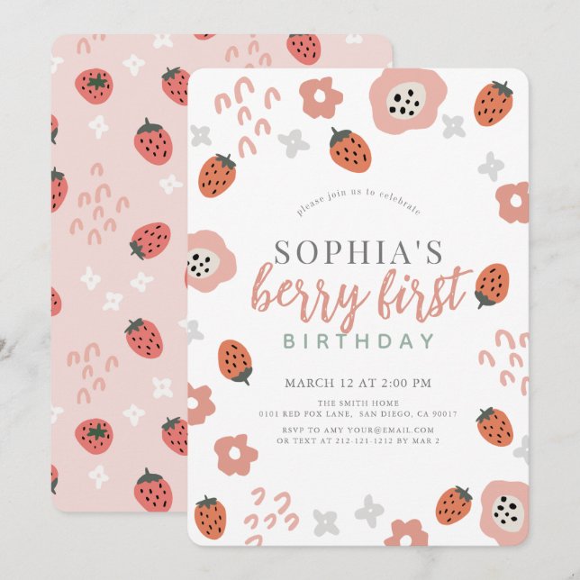 Berry First Pink Strawberry Girl 1. Geburtstag Einladung (Vorne/Hinten)