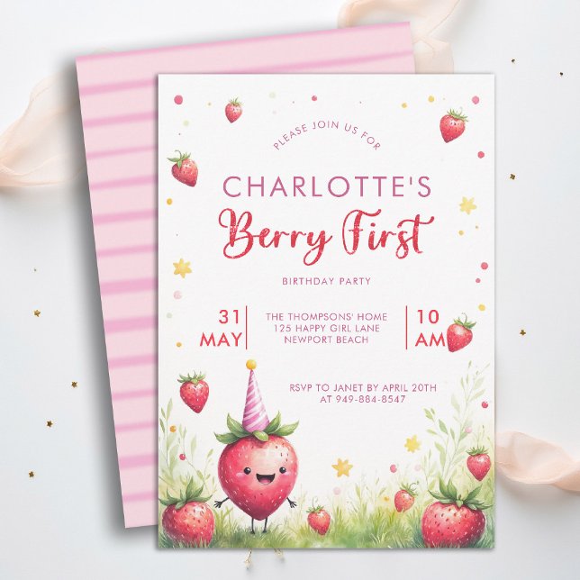 Berry First Pink Strawberry Patch 1st Birthday Einladung (berry first birthday party invitation girls cute strawberry 1st watercolor farmhouse cottage patch)