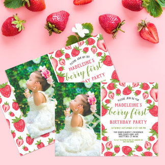 Berry First Strawberry 1. Geburtstag Custom Foto Einladung