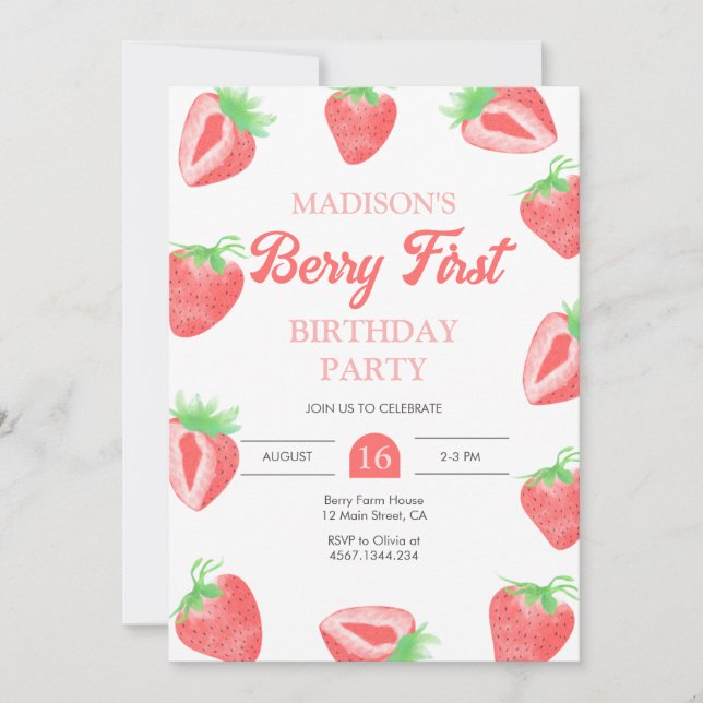 Berry First Strawberry 1. Geburtstag Einladung (Vorderseite)
