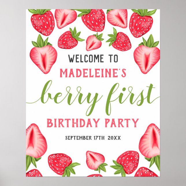 Berry First Strawberry 1. Geburtstag Party Willkom Poster (Vorne)