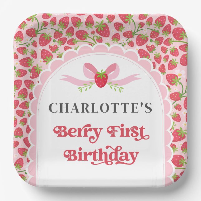 Berry First Strawberry 1st Birthday 9" Square Pappteller (Vorderseite)