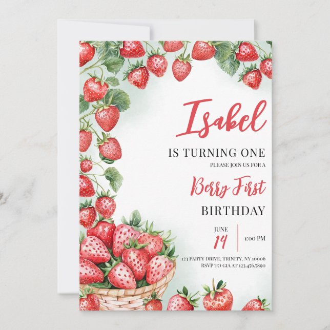 Berry First Strawberry Birthday Einladung (Vorderseite)