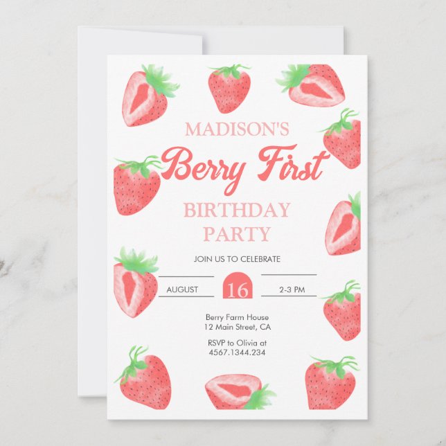Berry First Strawberry Birthday Foto Einladung (Vorderseite)