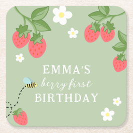 Berry First Strawberry Birthday Party Rechteckiger Pappuntersetzer