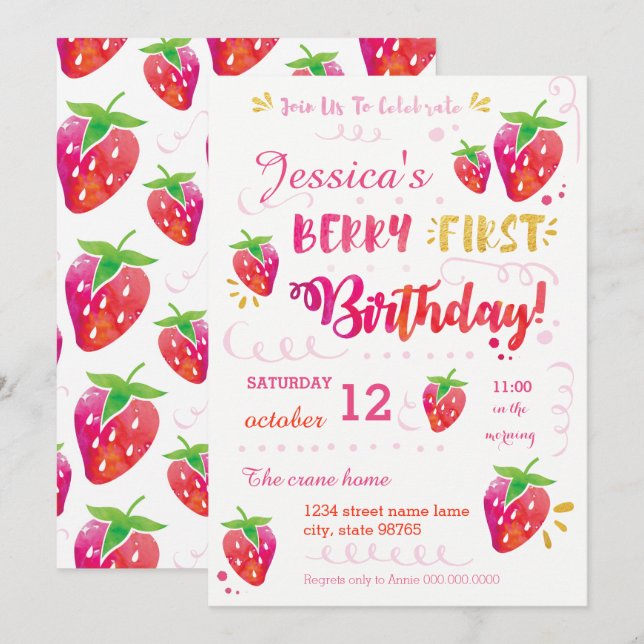 Berry First Strawberry Birthday Pary Einladung (Vorne/Hinten)