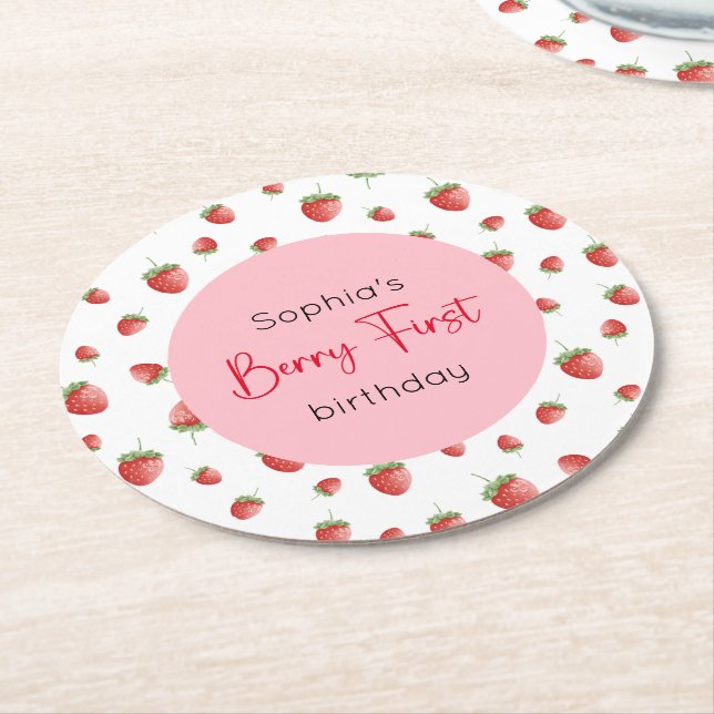 Berry First Strawberry Birthday Runder Pappuntersetzer (Angewinkelt)