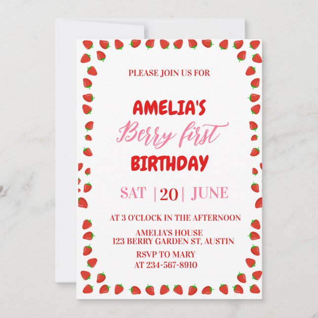 Berry First Strawberry Border Birthday Invitation  Einladung (Vorderseite)