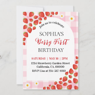 Berry First Strawberry gingham birthday invitation Einladung
