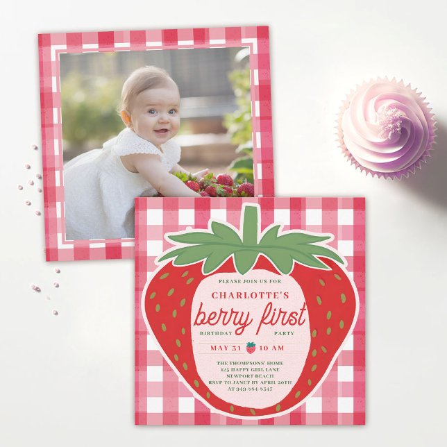 Berry First Strawberry Gingham Foto 1. Geburtstag Einladung (strawberry 1st birthday party theme photo invitation cute adorable template watercolor)