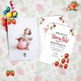Berry First Strawberry Girl 1. Geburtstag Foto Einladung