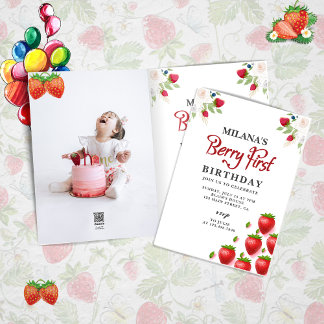 Berry First Strawberry Girl 1. Geburtstag Foto Einladung