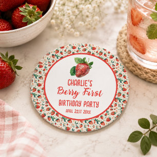 Berry First Strawberry Girl 1. Geburtstag Party Runder Pappuntersetzer