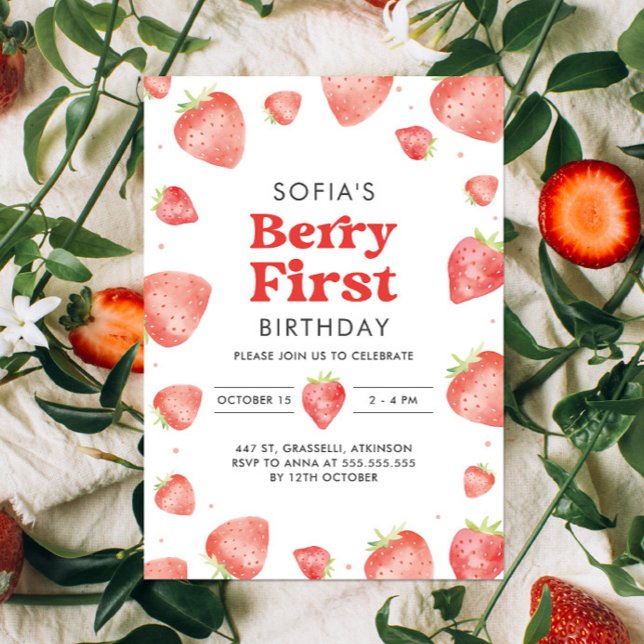 Berry First Strawberry Muster 1. Sommer Geburtstag Einladung (Von Creator hochgeladen)