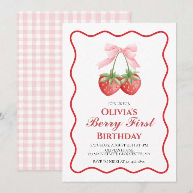Berry First Strawberry Pink Bow 1. Geburtstag Einladung (Vorne/Hinten)