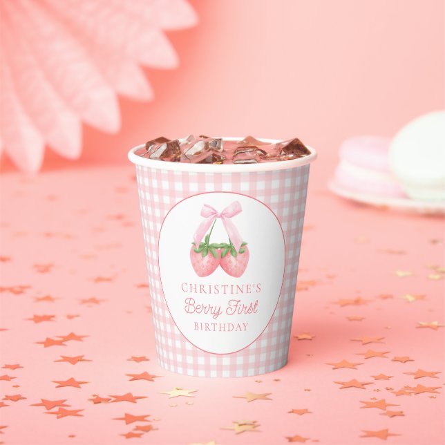 Berry First Strawberry Pink Bow 1. Geburtstag Pappbecher (Insitu)