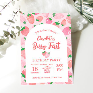 Berry First Strawberry Pink Girl's Birthday Party Einladung