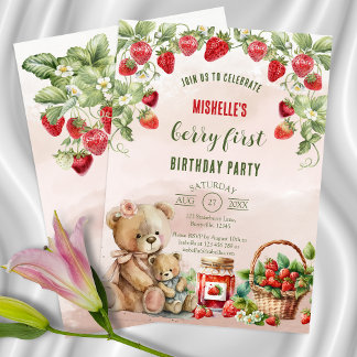 Berry First Strawberry und Bär zum Geburtstag Einladung