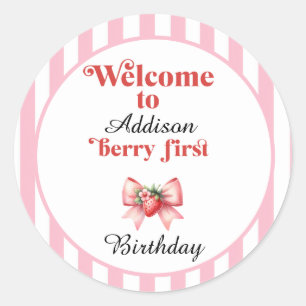 Berry First Strawberry und bow Birthday Runder Aufkleber