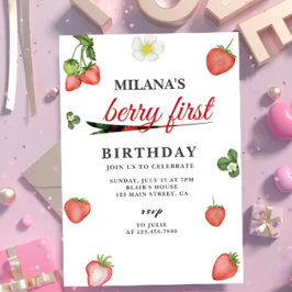 Berry First Watercolor Strawberry 1. Geburtstag Einladung