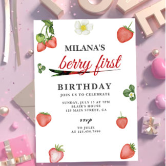 Berry First Watercolor Strawberry 1. Geburtstag Einladung