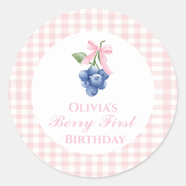 Berry Heidelbeere Geburtstag Pink Bow Gingham Runder Aufkleber (Vorderseite)