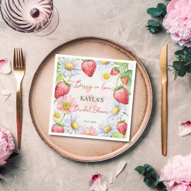 Berry in Liebe Erdbeeren Brautparty gedruckt Serviette (Berry in love summer garden daisies strawberry bridal shower printed napkins personalized tableware)