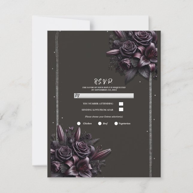 Berry Lila Black Lily Rose Floral Wedding RSVP Einladung (Vorderseite)