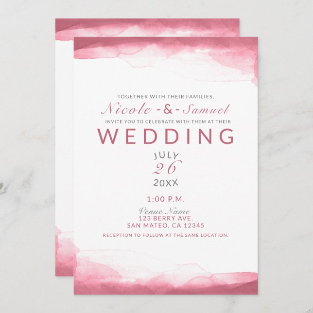 Berry Mauve Pink Wasserfarbe Moderne schicke Hochz Einladung (Vorne/Hinten)