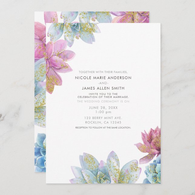 Berry Mint & Gold Garden Succulents Wedding Einladung (Vorne/Hinten)