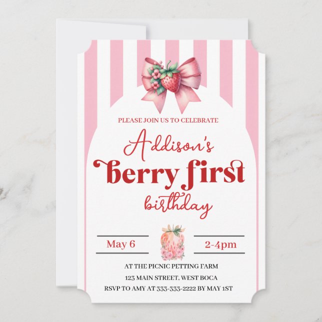 Berry mit Bow 1. Geburtstag mit Foto Einladung (Vorderseite)