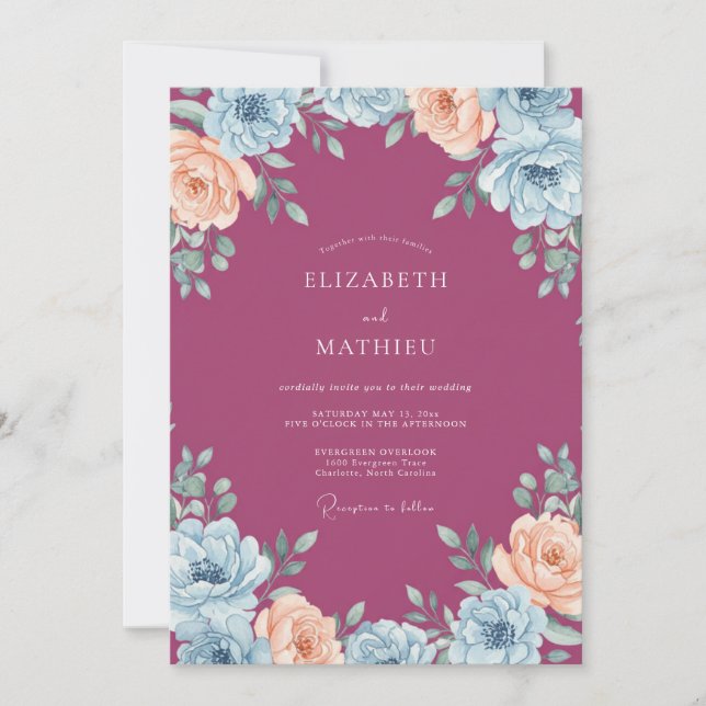 Berry Peach Peony Hochzeit Einladung (Vorderseite)
