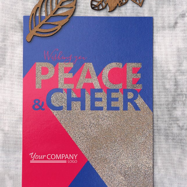 Berry Pink, Blue, Typografic Company Holiday Einladung (Blue, Violet, Berry, Pink, Gold Company Holiday Card, Modern Typography Word Art with Business Logo)